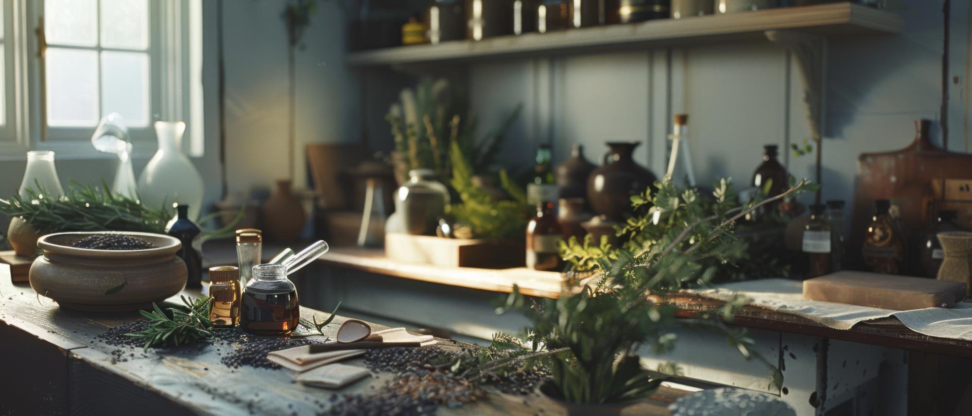 Cozy kitchen studio with tools and herbs